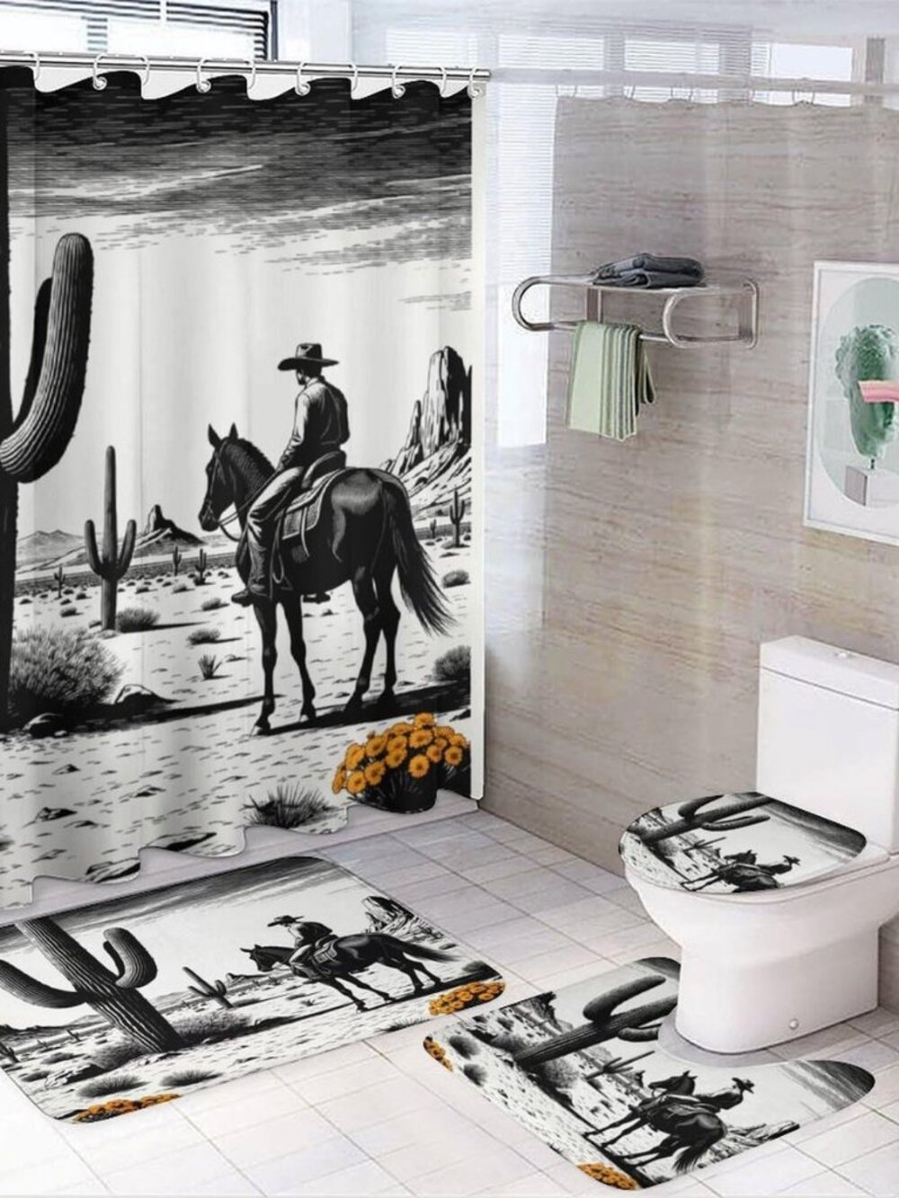 4PCS Classic Desert Cowboy Cactus Mountain Flower Shower Curtain Set 72W X 72L